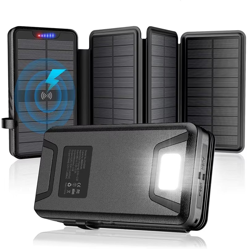 High-Capacity 38,800 mAh Solar Wireless Charger with Integrated Solar Panel and Bright LED Torch