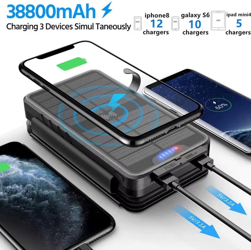 High-Capacity 38,800 mAh Solar Wireless Charger with Integrated Solar Panel and Bright LED Torch