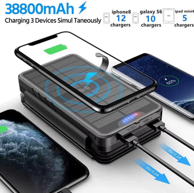 High-Capacity 38,800 mAh Solar Wireless Charger with Integrated Solar Panel and Bright LED Torch