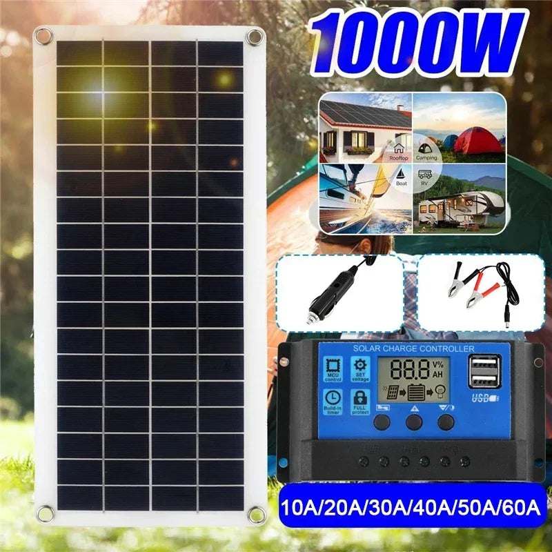 1000W Solar Panel 12V Solar Cell with 60A 100A Controller Solar Charge for Phone RV Car MP3 PAD Charger Outdoor Battery Supply
