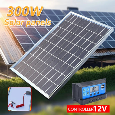 300W/600W Solar Panel 12V Photovoltaic Power Bank Kit 100A Controller Solar Plate for Home/Camping/Rv/Car Fast Battery Charger